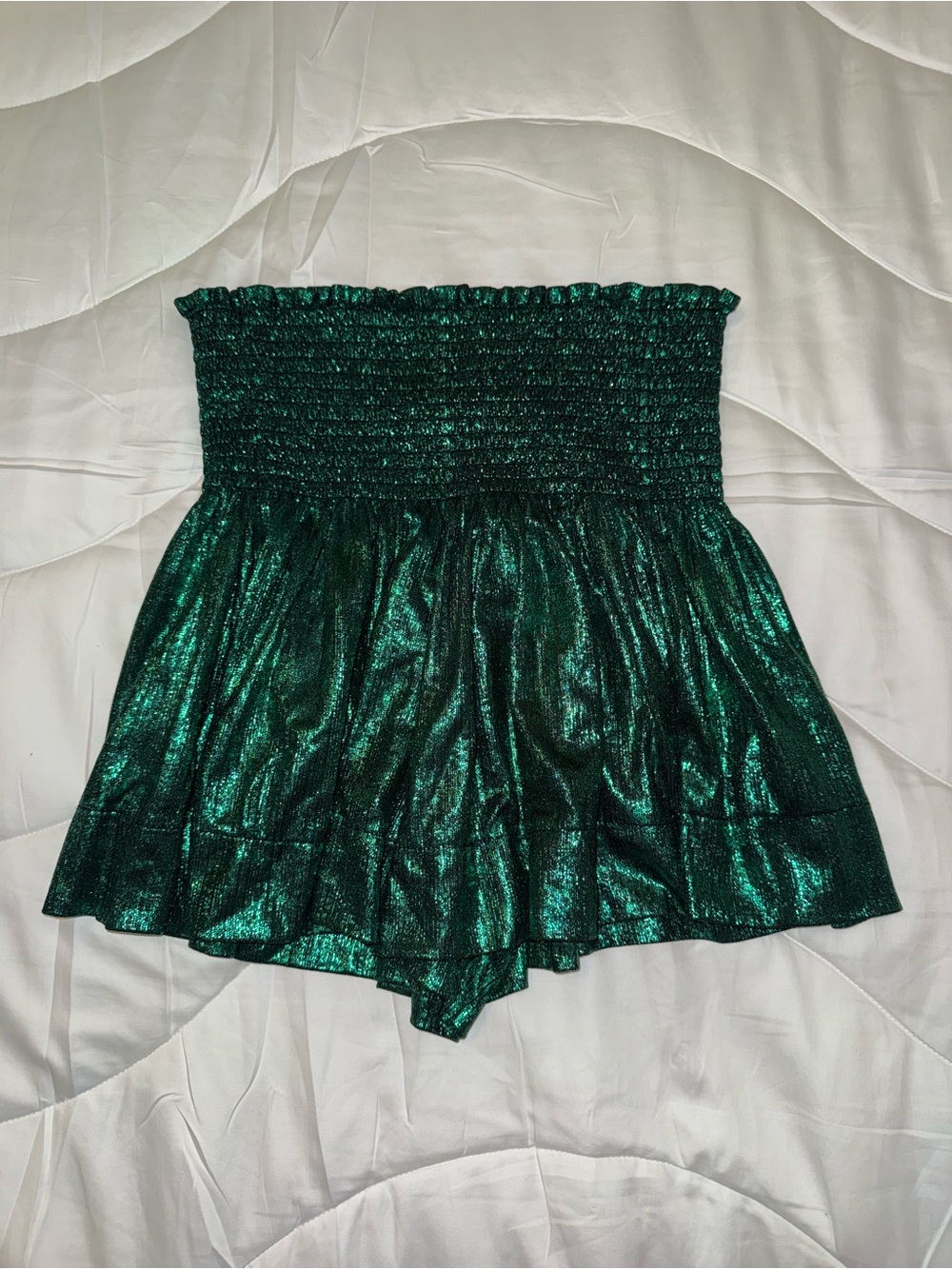 QUEEN OF SPARKLES Metallic Emerald Green Smocked Shorts
